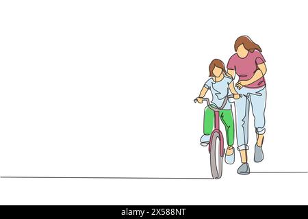 One continuous line drawing of young mother help her daughter learning to ride a bicycle at countryside together. Parenthood lesson concept. Dynamic s Stock Vector