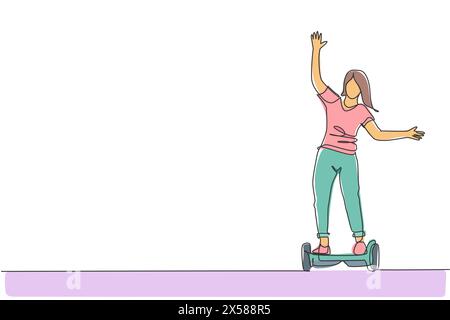 One single line drawing of young energetic man riding hoverboard at city park vector illustration. Future gyro scooter transport. Healthy urban lifest Stock Vector