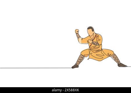 Single continuous line drawing young muscular shaolin monk man train martial art at shaolin temple. Traditional Chinese kung fu fight concept. Trendy Stock Vector