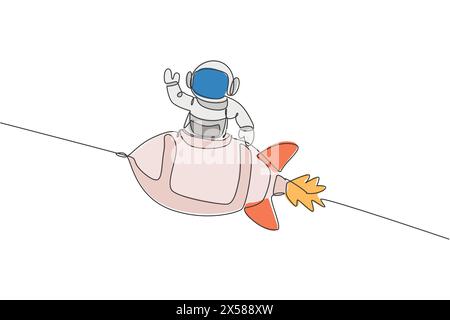 One continuous line drawing of waving hand spaceman astronaut science ...
