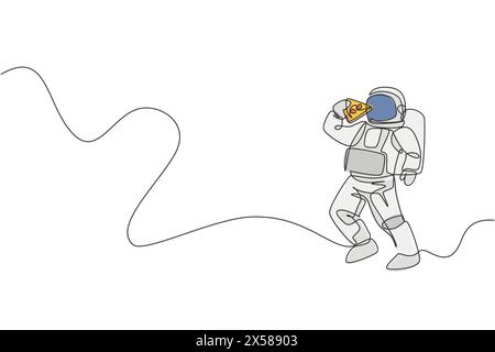 One single line drawing astronaut flying in cosmos galaxy while eating delicious spicy Italian pizza vector graphic illustration. Fantasy outer space Stock Vector