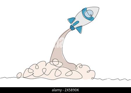 One single line drawing of simple vintage rocket takes off into the outer space vector graphic illustration. Exploration cosmos galactic with spaceshi Stock Vector