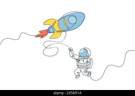 One single line drawing astronaut in spacesuit floating and discovering deep space with rocket spaceship vector illustration. Exploring outer space co Stock Vector