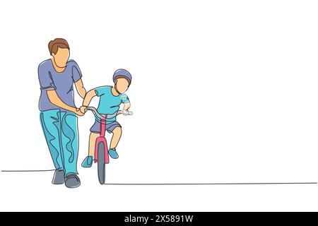 One single line drawing of young father teaching his boy kid riding bicycle at public park graphic vector illustration. Fatherhood lesson. Urban famil Stock Vector