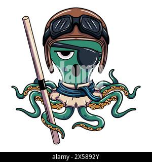 Cartoon character of aviation pilot cyborg octopus with aviator helmet with kung fu stick. Illustration for fantasy, science fiction and adventure com Stock Vector