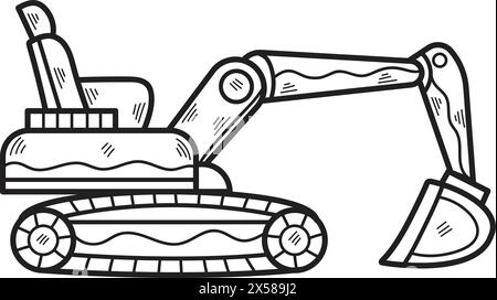 A black and white drawing of a large construction vehicle with a large scoop on the front. The vehicle is a large excavator, and it is sitting on a tr Stock Vector