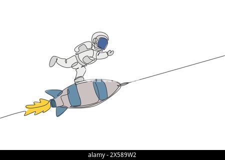 One single line drawing of astronaut in spacesuit floating and discovering deep space while standing at rocket spaceship illustration. Exploring outer Stock Vector