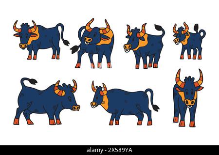 A set of black and white drawings of cows. The cows are all different sizes and have different facial features Stock Vector