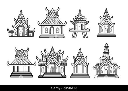 The image is a set of nine different buildings with Asian designs. The buildings are all lined up next to each other, and they all have a similar styl Stock Vector