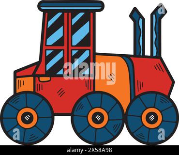 A black and white drawing of a tractor. The tractor is drawn in a cartoon style and has a playful, whimsical feel to it. The design of the tractor is Stock Vector