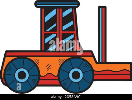 A black and white drawing of a tractor. The tractor is drawn in a cartoon style and has a playful, whimsical feel to it. The design of the tractor is Stock Vector