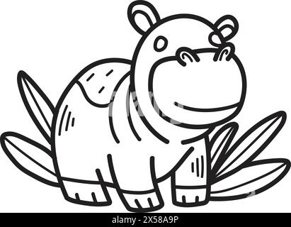 A cute cartoon hippo is sitting on some leaves. The hippo has a big smile on its face Stock Vector