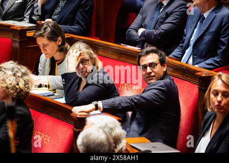 Paris, France. 07th May, 2024. Stéphane Séjourné (R), Minister for Europe and Foreign Affairs, speaks during the questions to the government session at the National Assembly. A weekly session of questioning the French government takes place in the National Assembly at Palais Bourbon in Paris. (Photo by Telmo Pinto/SOPA Images/Sipa USA) Credit: Sipa USA/Alamy Live News Stock Photo