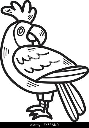 A black and white drawing of a parrot. The bird is sitting on its right leg and looking to the left Stock Vector