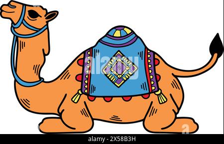 A camel with a colorful blanket on its back. The blanket has a diamond pattern. The camel is standing on a white background Stock Vector