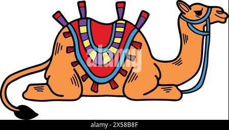 A camel with a colorful blanket on its back. The blanket has a diamond pattern. The camel is standing on a white background Stock Vector