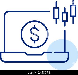 Laptop with dollar sign and stock trading candlestick bar chart. Technical analysis, portfolio management icon Stock Vector