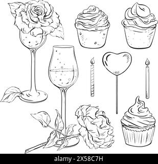 a set of hand drawn illustrations of wine glasses , cupcakes , candles and roses Stock Vector