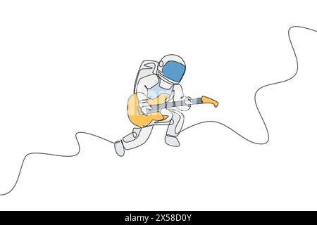 One continuous line drawing of astronaut with spacesuit playing acoustic guitar in galaxy universe. Outer space music concert concept. Dynamic single Stock Vector