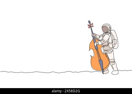 One single line drawing of spaceman cellist playing cello musical instrument on moon surface vector illustration. Music concert poster with space astr Stock Vector