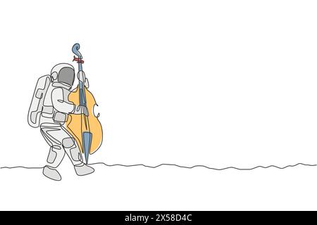Single continuous line drawing of astronaut cellist playing cello musical instrument on moon surface. Outer space music concert concept. Trendy one li Stock Vector