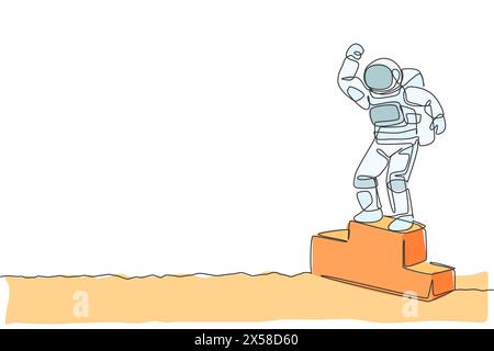 One continuous line drawing of astronaut standing on first place podium in deep space galaxy. Spaceman healthy fitness sport concept. Dynamic single l Stock Vector