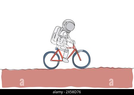 One single line drawing of spaceman astronaut riding bicycle on moon surface, cosmic galaxy vector illustration. Healthy space cosmonaut lifestyle spo Stock Vector