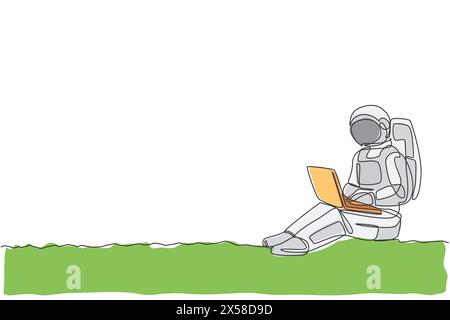 Single continuous line drawing of astronaut sitting in moon surface while typing on laptop computer. Business office with galaxy outer space concept. Stock Vector