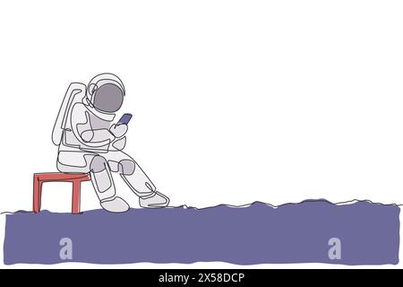 One continuous line drawing of young spaceman on spacesuit siting on chair and texting using handphone. Astronaut business office with deep space conc Stock Vector