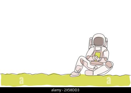One continuous line drawing of young spaceman on spacesuit siting relax on moon surface while texting. Astronaut business office with deep space conce Stock Vector