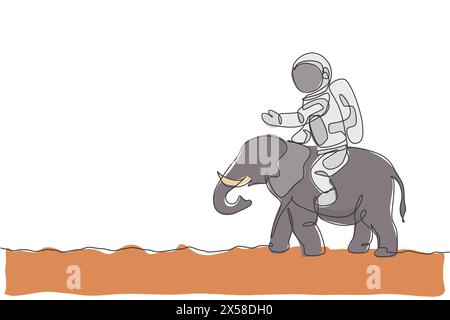 One continuous line drawing of cosmonaut with spacesuit riding Aisan elephant, wild animal in moon surface. Astronaut zoo safari journey concept. Tren Stock Vector