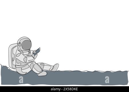 Single continuous line drawing of astronaut siting on moon surface and texting to partner in earth. Business office with galaxy outer space concept. T Stock Vector