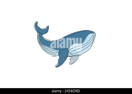 One continuous line drawing of big giant blue whale. Protected mammal animal species in ocean. Gigantic underwater creature concept. Dynamic single li Stock Vector
