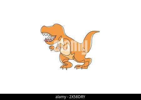 One continuous line drawing of roaring tyrannosaurus rex dinosaur. Prehistoric museum logo concept. Dynamic single line draw graphic design vector ill Stock Vector