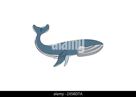 One single line drawing of giant blue whale vector illustration. Protected species in pacific ocean. Gigantic underwater creature concept. Modern cont Stock Vector