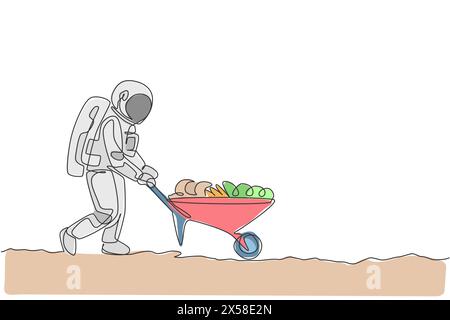 One single line drawing of astronaut pushing wheelbarrow full of fruits and vegetables in moon surface vector illustration graphic. Outer space farmin Stock Vector