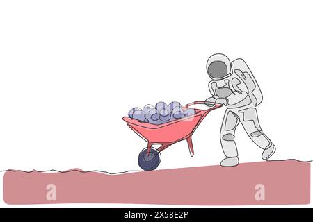 Single continuous line drawing of cosmonaut pushing wheelbarrow full of fruits and vegetables in moon surface. Galaxy astronaut farming life concept. Stock Vector