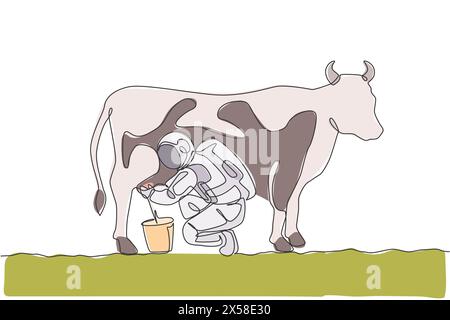 One single line drawing of astronaut squat down milking cow and put into milk can bucket in moon surface graphic vector illustration. Outer space farm Stock Vector