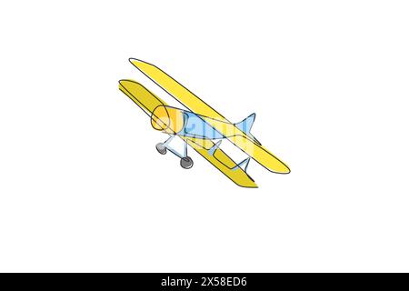 One single line drawing of vintage biplane flying on the sky vector illustration. Airplane vehicle for war concept. Modern continuous line draw graphi Stock Vector