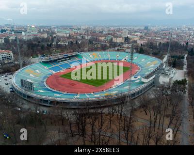 Aerial drone view over the Vasil Levski National stadim in Bulgaria's capital Sofia. Stock Photo