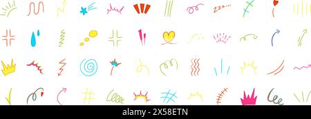 Hand drawn colorful anime manga design elements. Manga set of arrows, heart, expression signs. Vector illustration. Stock Vector