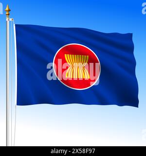 ASEAN, Association of South-East Asian Nations, waving flag, international organization, vector illustration Stock Vector