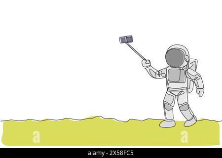 One continuous line drawing of young happy astronaut doing selfie shot in moon surface with smartphone. Space man deep space concept. Dynamic single l Stock Vector