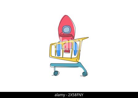 One continuous line drawing of rocket toys inside shopping cart. Sale product concept. Dynamic single line draw design graphic vector illustration Stock Vector