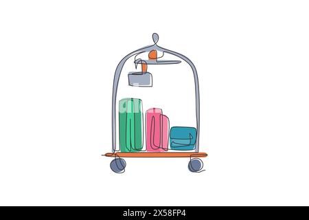 One single line drawing of luggage trolley in hotel vector graphic illustration. Hotel room service concept. Modern continuous line draw design Stock Vector