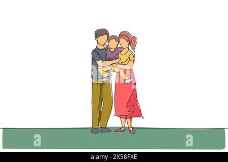 One continuous line drawing young happy mother and father carrying their son together full of warmth. Happy loving parenting family concept. Dynamic s Stock Vector