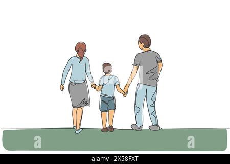 One single line drawing of young happy mother and father lead their son walking together, holding his hands graphic vector illustration. Parenting edu Stock Vector