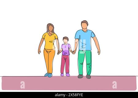 One single line drawing of young happy family mom and dad lead their son walking together holding his hands vector graphic illustration. Parenting edu Stock Vector