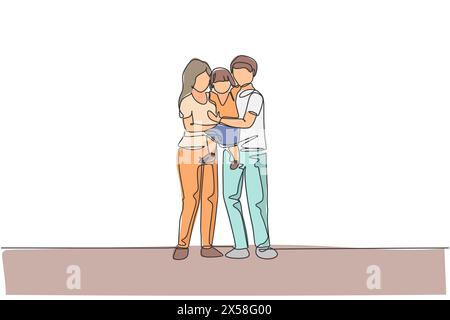 Single continuous line drawing of young happy mom and dad carrying their lovely daughter full of warmth together. Happy family concept. Trendy one lin Stock Vector