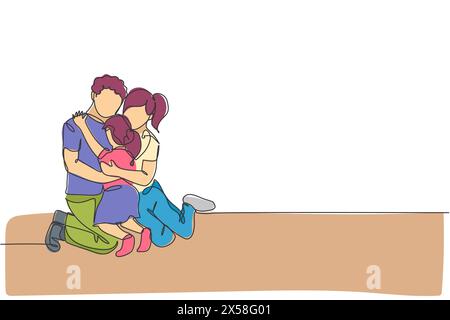 One continuous line drawing of young happy mom and dad hugging their daughter full of warmth . Happy loving parenting family concept. Dynamic single l Stock Vector